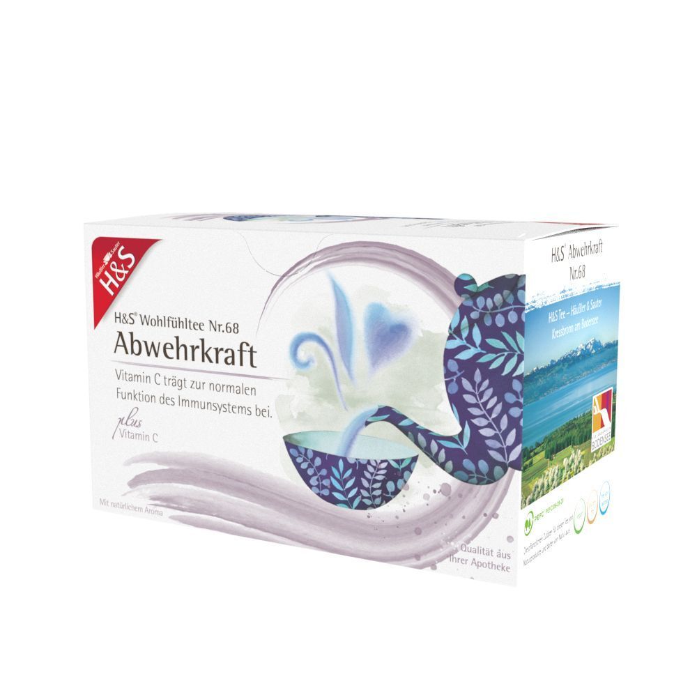 H&S Abwehrkraft Tee-Packung. Weiße Verpackung mit Logo und Produktinformationen. Teekanne und Tasse abgebildet. Ansicht schräg.