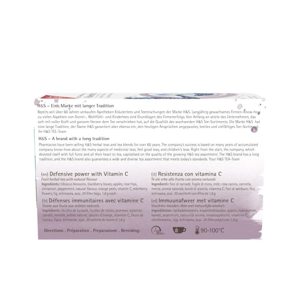 Rückseite der H&S Abwehrkraft Tee-Packung. Text in Deutsch, Englisch, Italienisch und Niederländisch. Zutaten und Zubereitung.