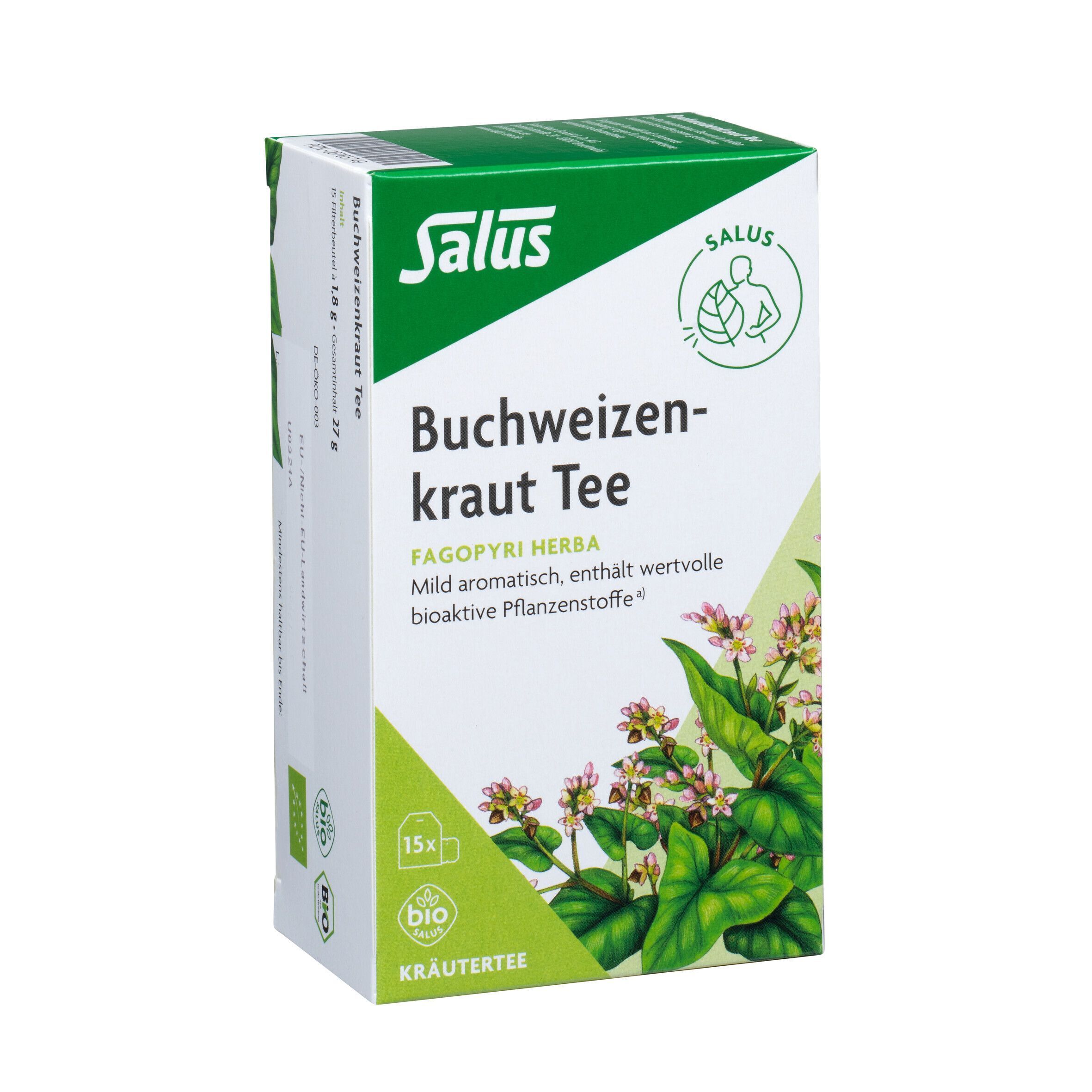 Packung Salus Buchweizenkraut Tee. Kräutertee mit Buchweizenpflanze, 15 Beutel, Bio-Qualität.