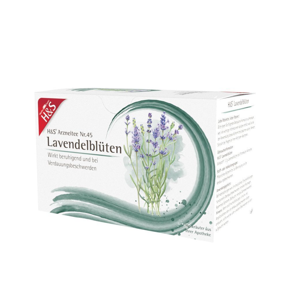Eine Packung H&S Lavendelblüten Nr. 45 Tee mit Lavendelmotiv.