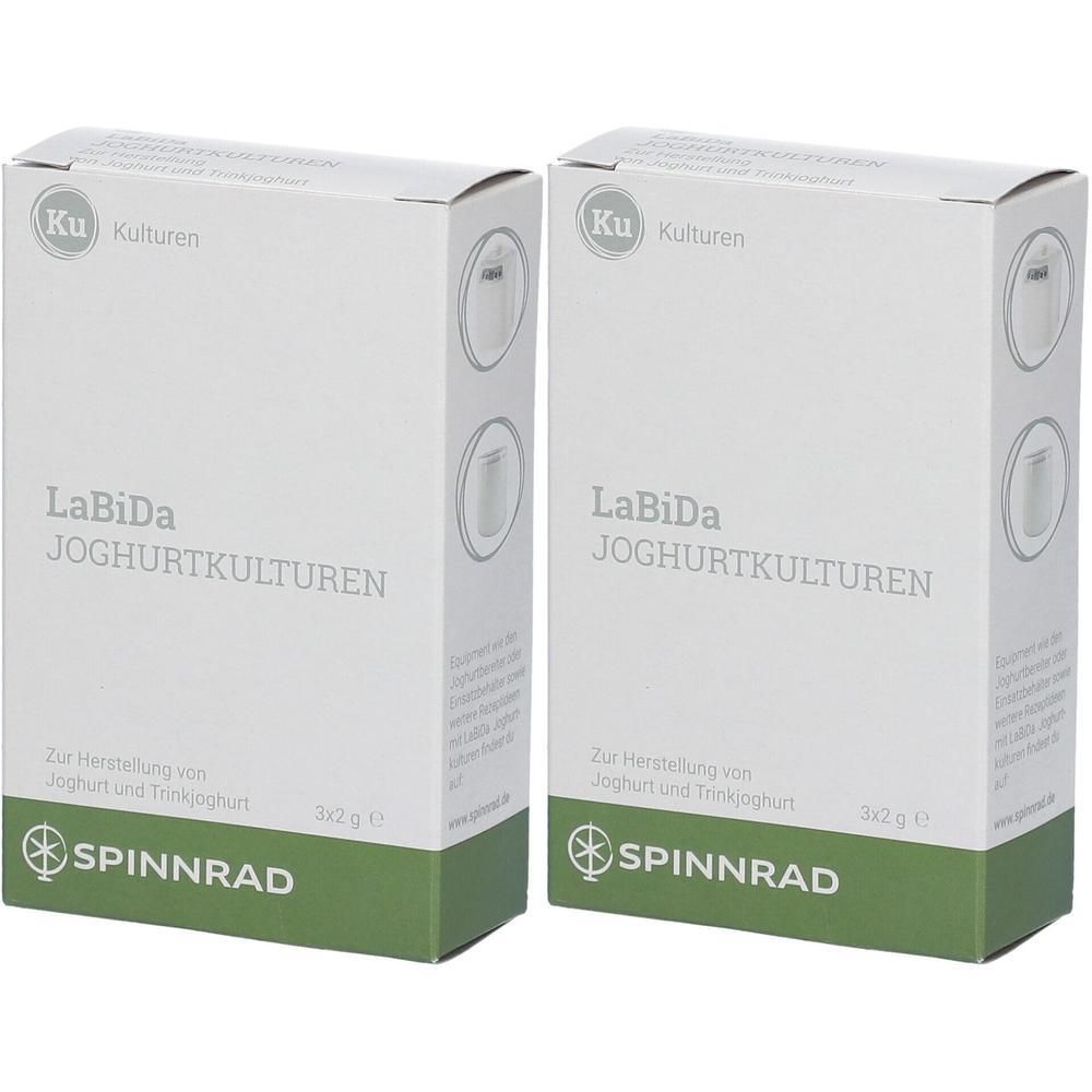 Zwei weiße Kartons mit grüner Unterseite. Aufdruck: LaBiDa Joghurtkulturen, Spinnrad Logo. Text: Zur Herstellung von Joghurt und Trinkjoghurt.