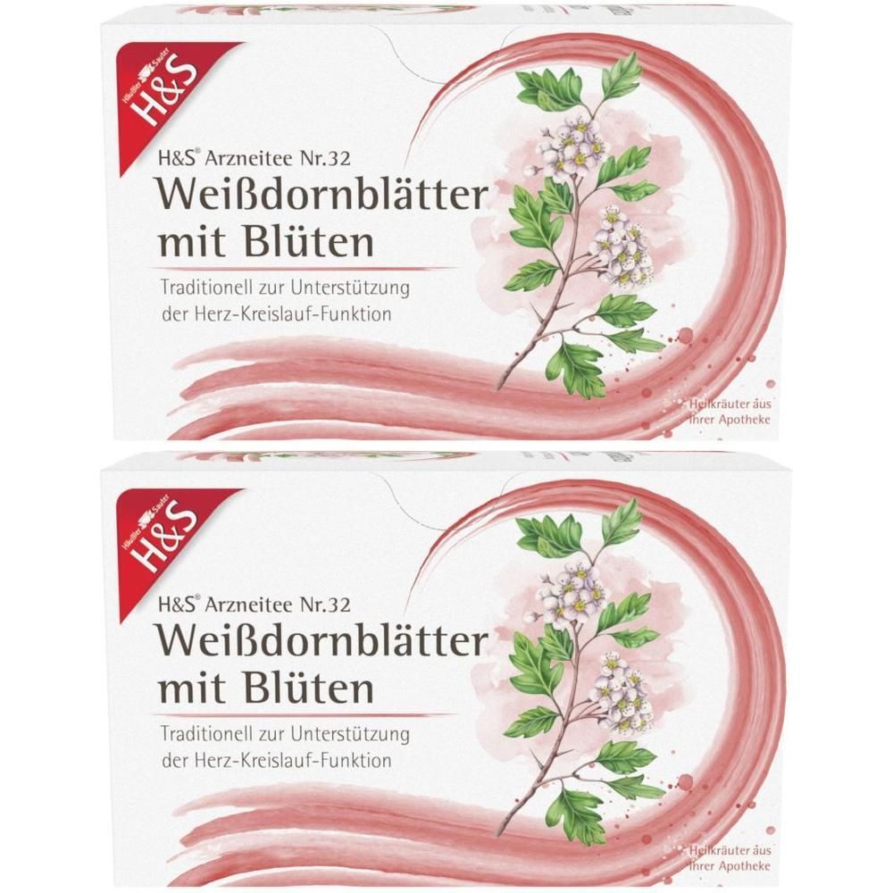 Zwei Packungen H&S Weißdornblätter mit Blüten Tee, Nr. 32. Vorderseite zeigt Blütenzweig.