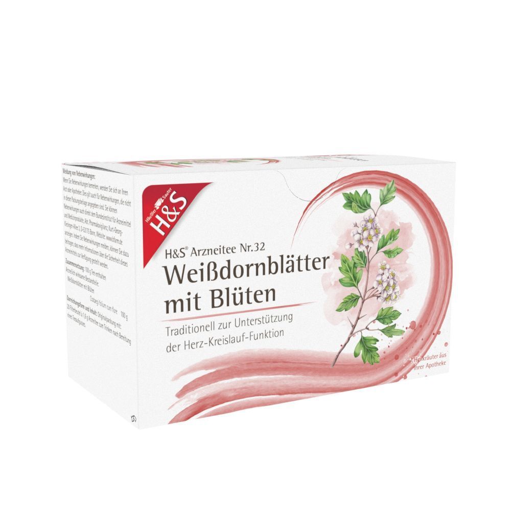 Packung H&S Weißdornblätter mit Blüten Tee Nr. 32, Seitenansicht mit Text.