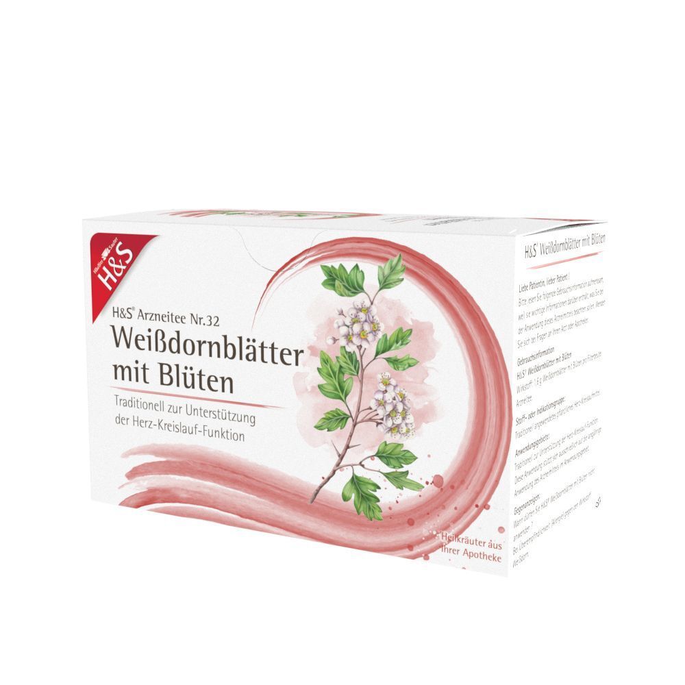 Packung H&S Weißdornblätter mit Blüten Tee Nr. 32, schräge Ansicht mit Text.