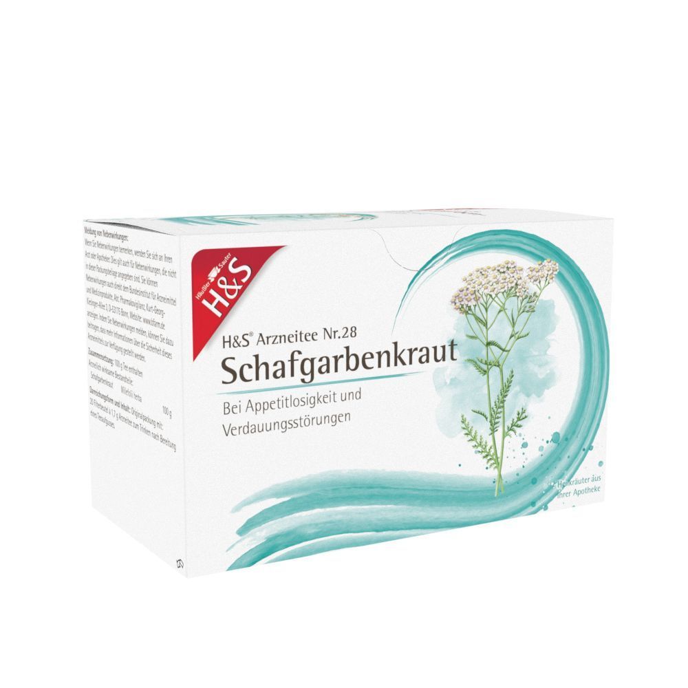 Packung H&S Schafgarbenkraut Tee Nr. 28, Seitenansicht mit detaillierter Beschreibung.