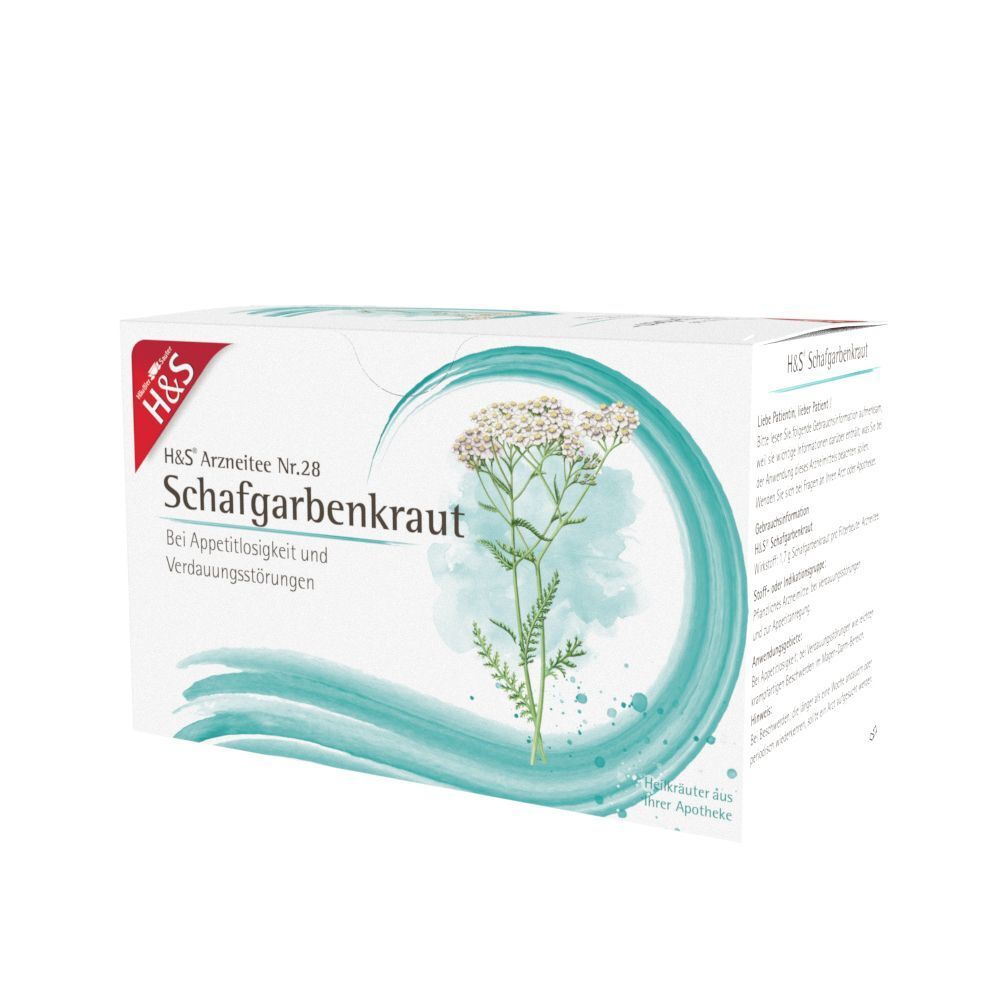 Packung H&S Schafgarbenkraut Tee Nr. 28, schräge Ansicht mit Kräuterabbildung.