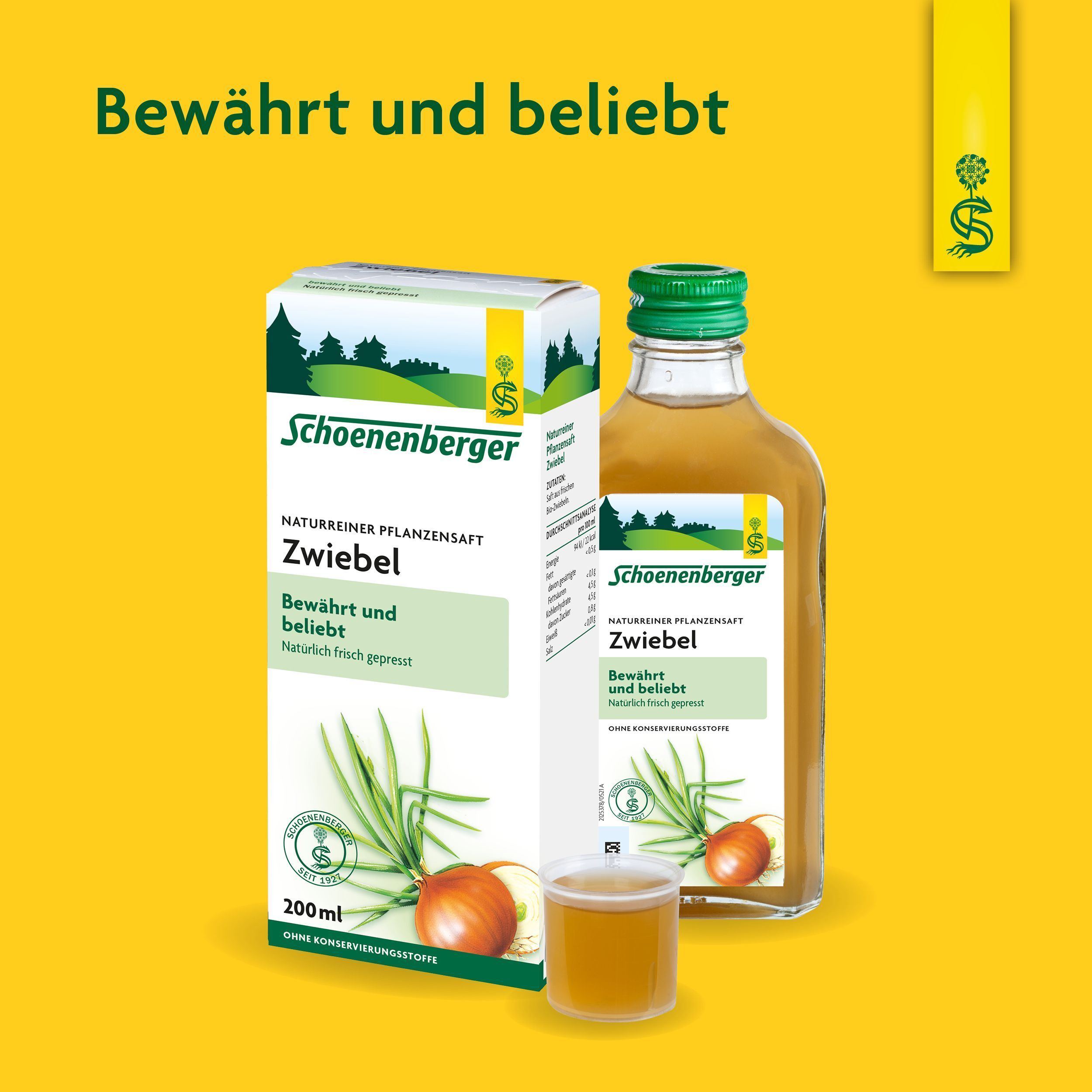 Schoenenberger Zwiebelsaft Flasche und Kartonverpackung mit Messbecher und Abbildung von Zwiebeln.
