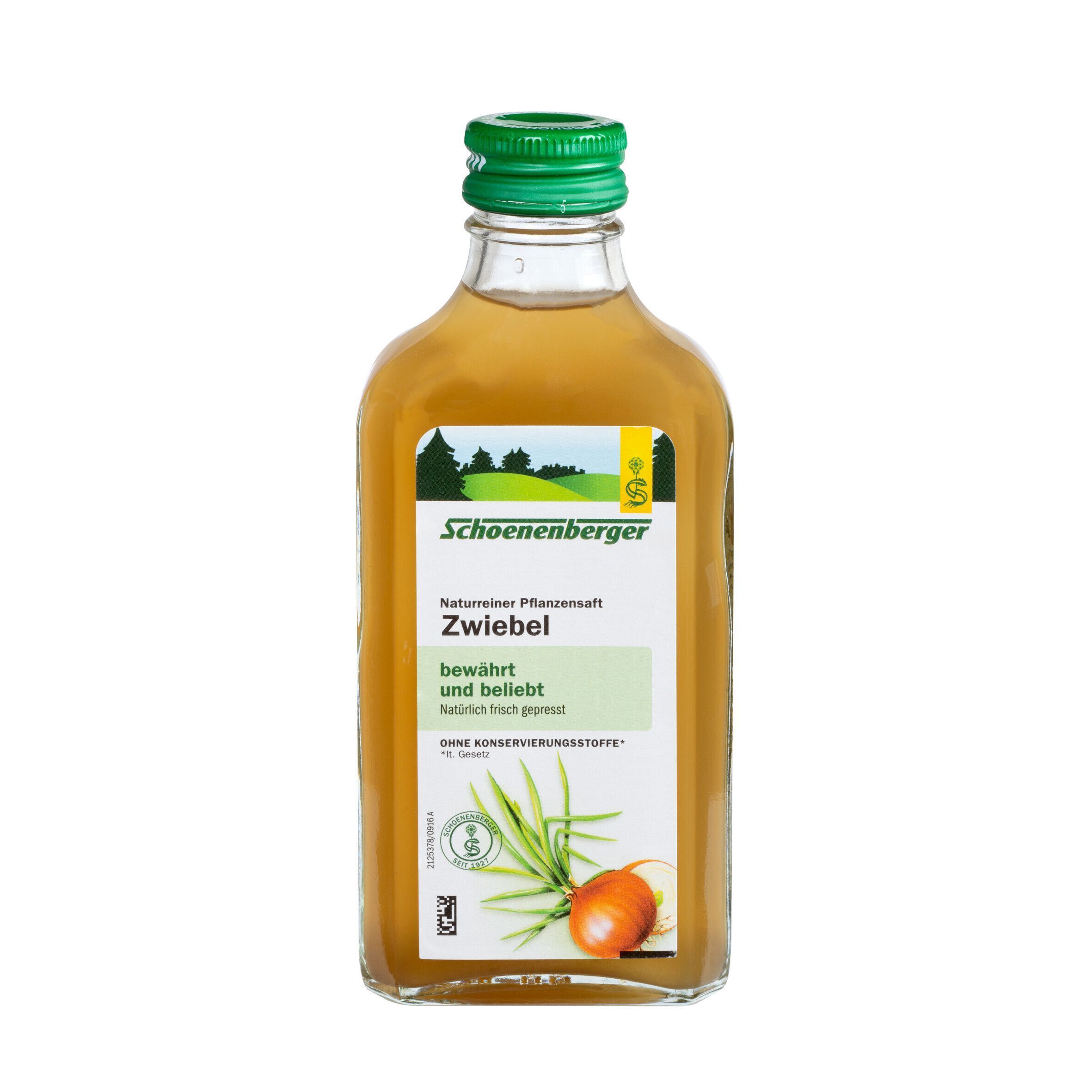 Flasche Schoenenberger Zwiebelsaft mit grünem Deckel. Etikett mit Waldmotiv und Zwiebelabbildung.