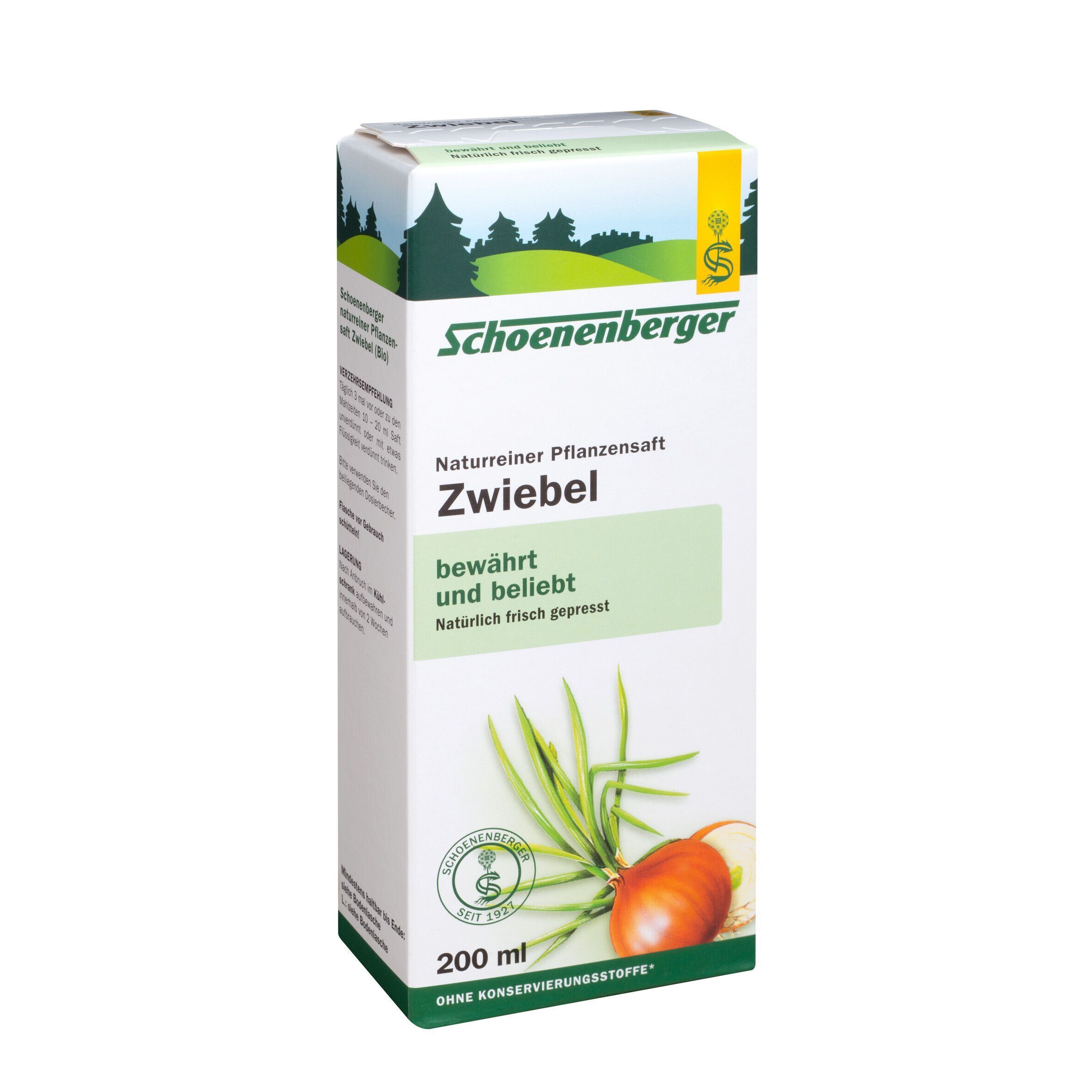 Kartonverpackung Schoenenberger Zwiebelsaft mit Waldmotiv, Zwiebelabbildung und Siegeln.