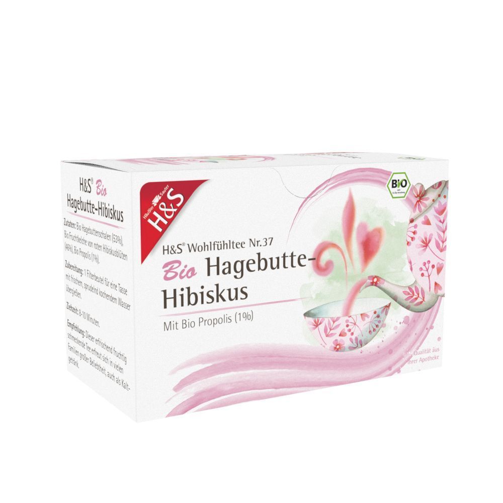 Packung Tee. Aufdruck: H&S Bio Hagebutte-Hibiskus. Mit Bio Propolis (1%). Bio-Siegel.