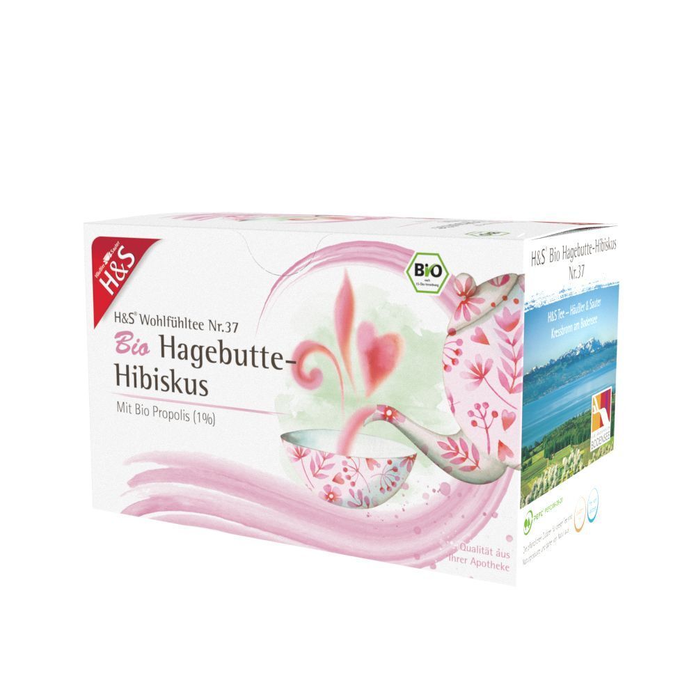 Packung Tee. Aufdruck: H&S Bio Hagebutte-Hibiskus. Mit Bio Propolis (1%). Bio-Siegel.