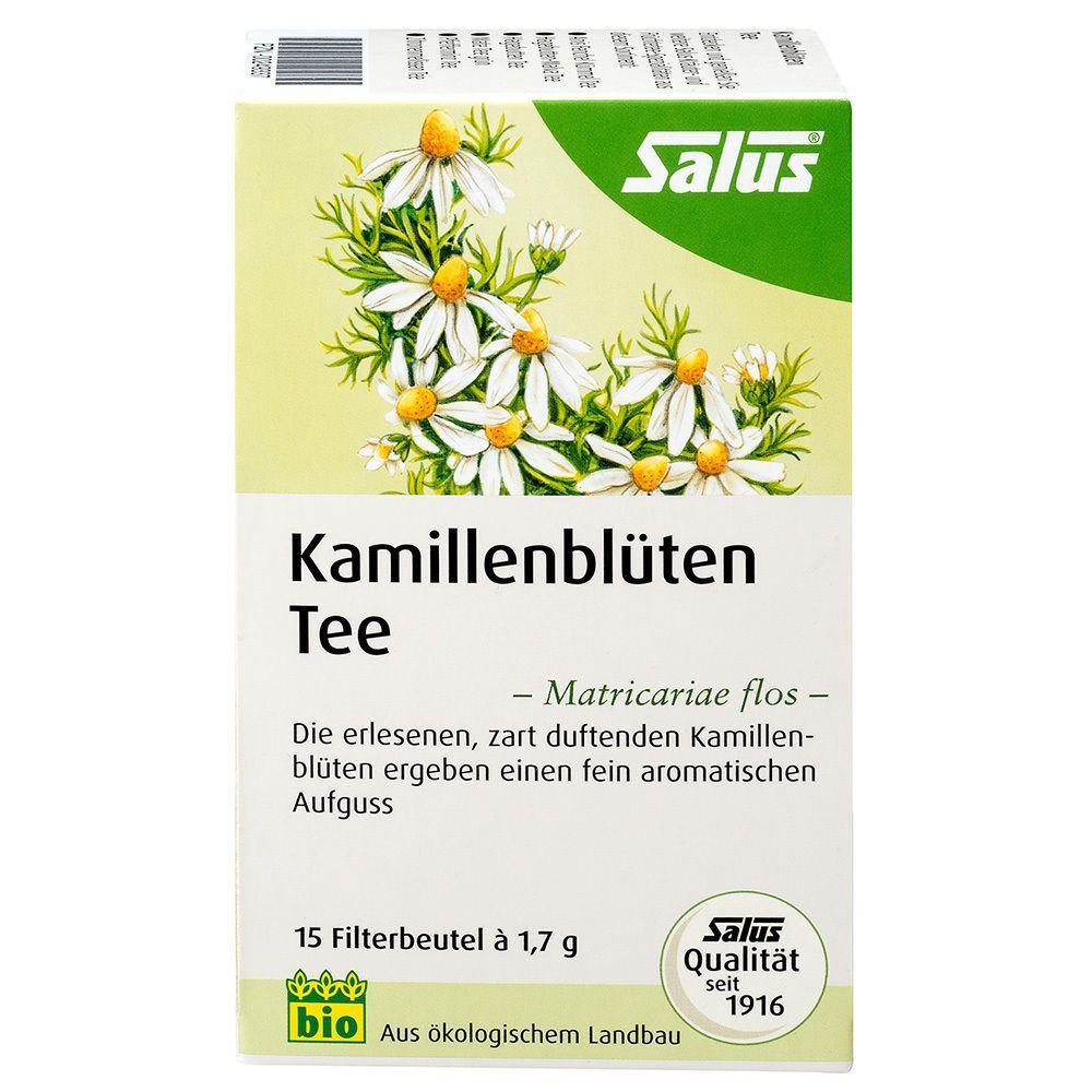 Verpackung KAMILLENBLÜTEN Tee. Aufdruck: Kamillenblüten Tee, Matricariae flos, 15 Filterbeutel à 1,7 g, Salus Qualität seit 1916.
