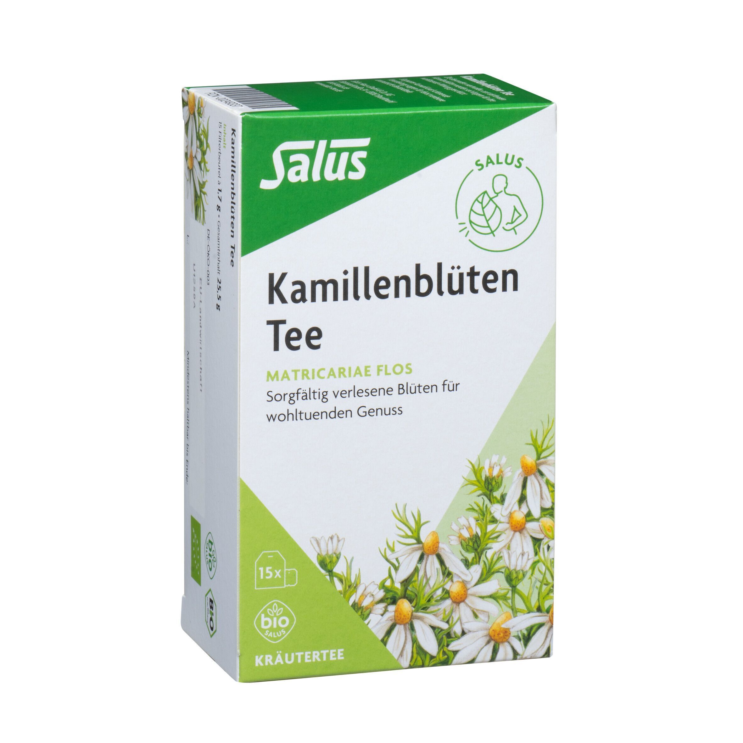 Verpackung KAMILLENBLÜTEN Tee. Aufdruck: Kamillenblüten Tee, Matricariae flos, 15 Filterbeutel, Bio-Siegel, Kräutertee.