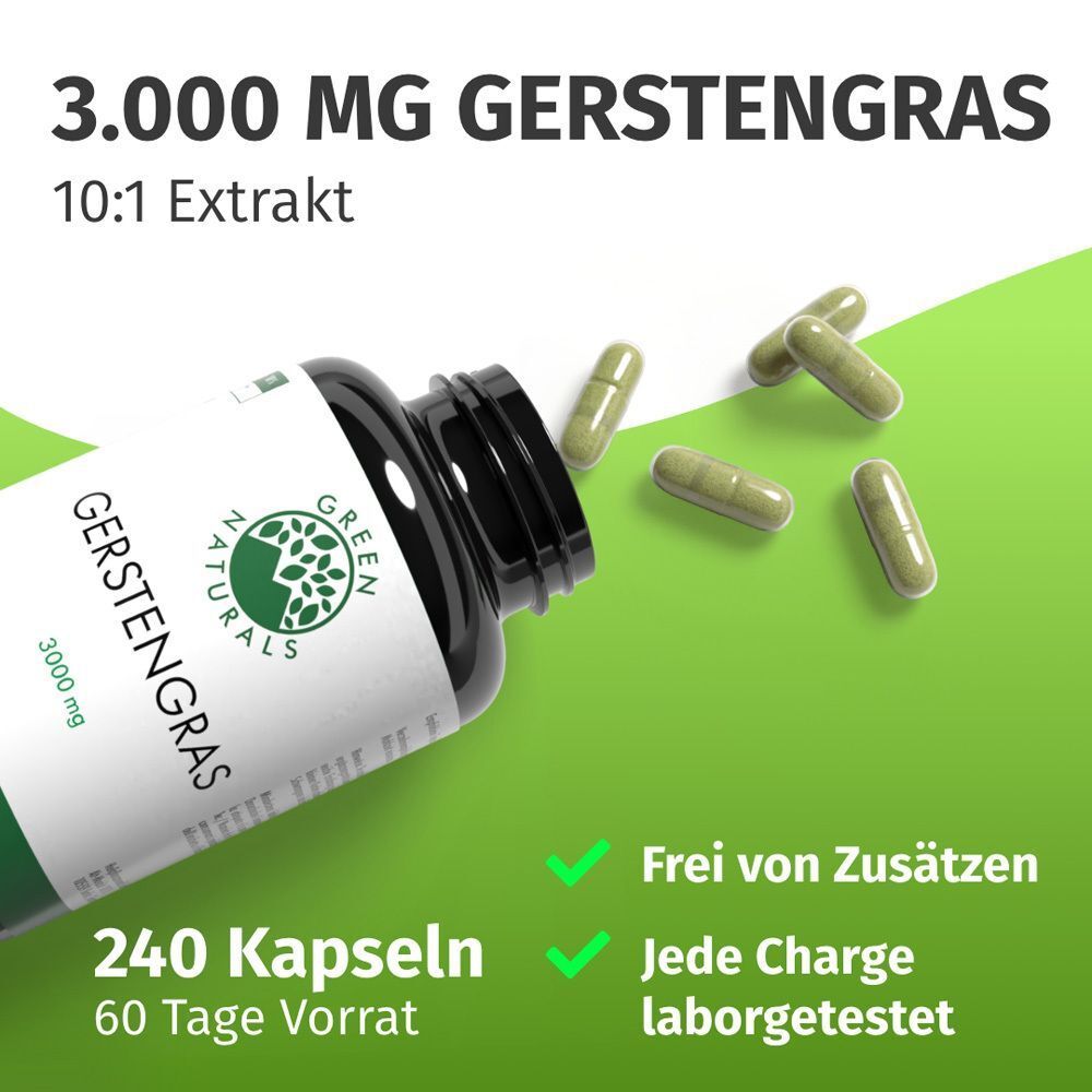Eine Flasche mit grünen Kapseln. Text: „3.000 MG GERSTENGRAS“, „240 Kapseln“, „Frei von Zusätzen“, „Jede Charge laborgetestet“.