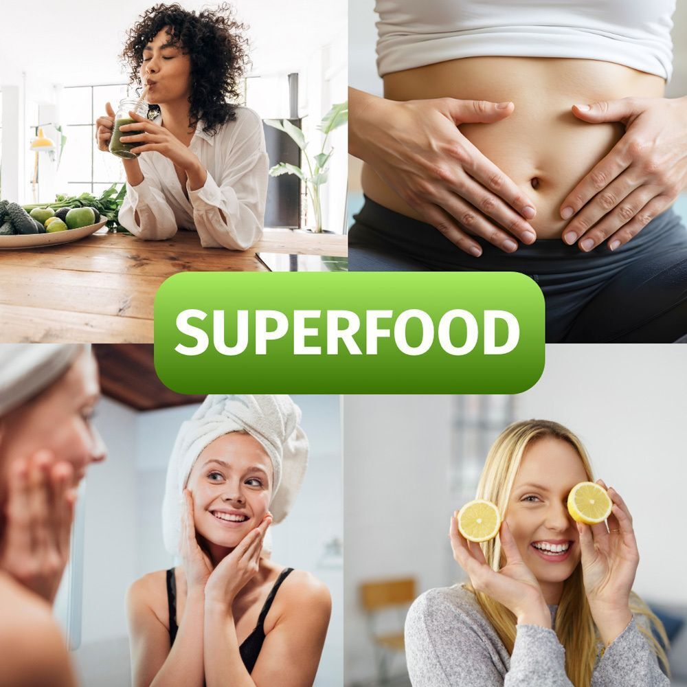 Vier Bilder: Frau trinkt Smoothie, Frau hält Bauch, Frau betrachtet Gesicht, Frau mit Zitronen. Text: SUPERFOOD.