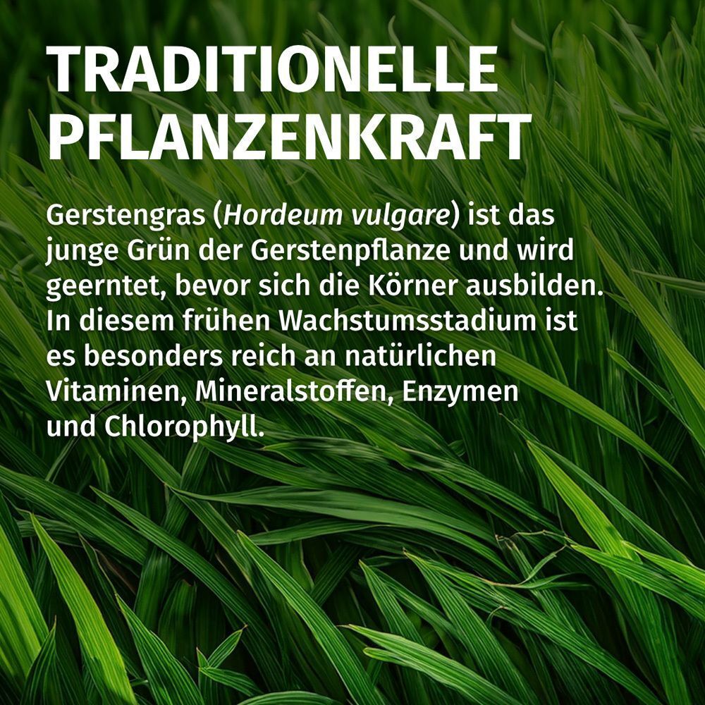 Grünes Gras. Text: „TRADITIONELLE PFLANZENKRAFT“. Text über Gerstengras, reich an Vitaminen, Mineralstoffen, Enzymen und Chlorophyll.