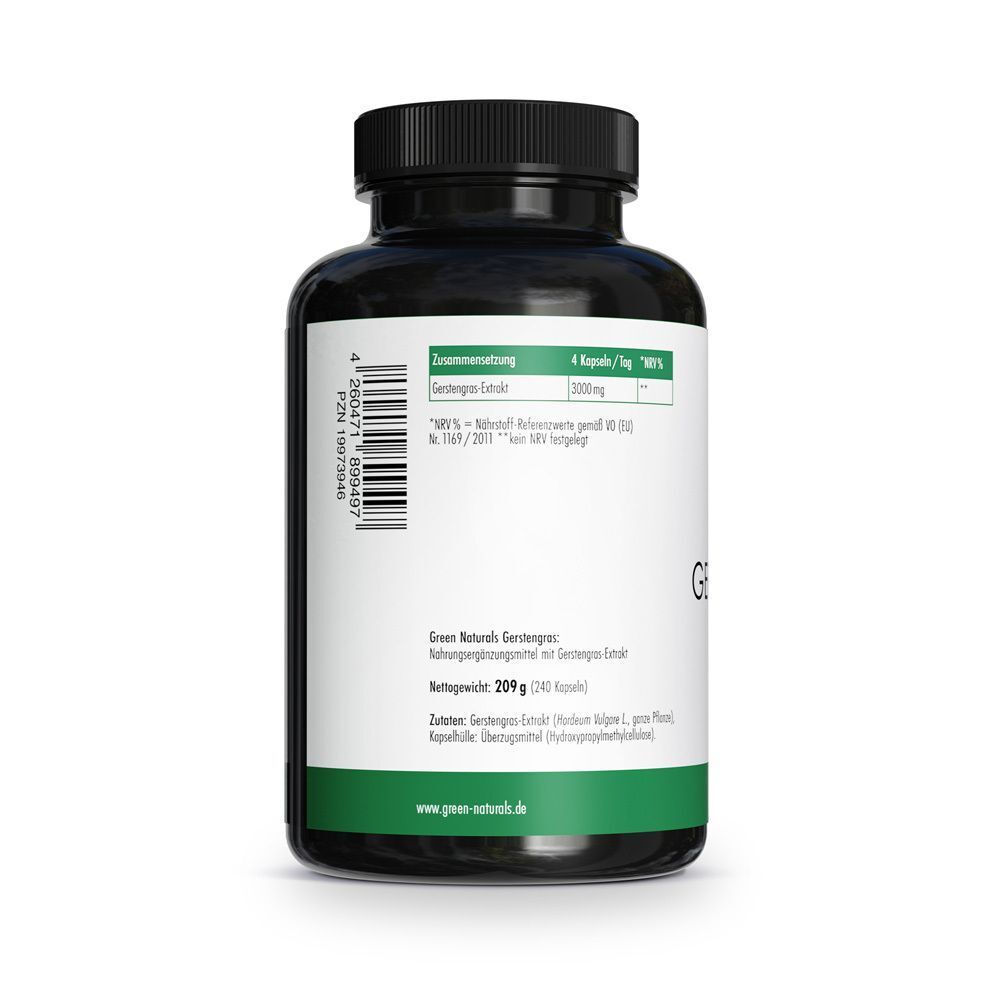 Rückseite einer Flasche. Text: „GREEN NATURALS Gerstengras 3000mg“. Informationen zu Inhaltsstoffen und Nährwerten.