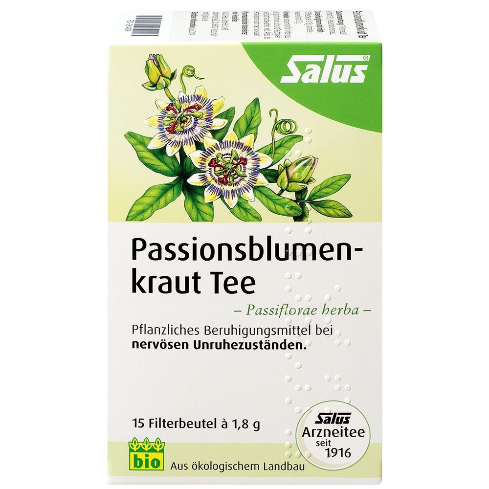 Verpackung Salus Passionsblumen-Kraut Tee. Enthält 15 Filterbeutel à 1,8 g. Mit Bio-Siegel und Hinweis 'Arzneitee'.