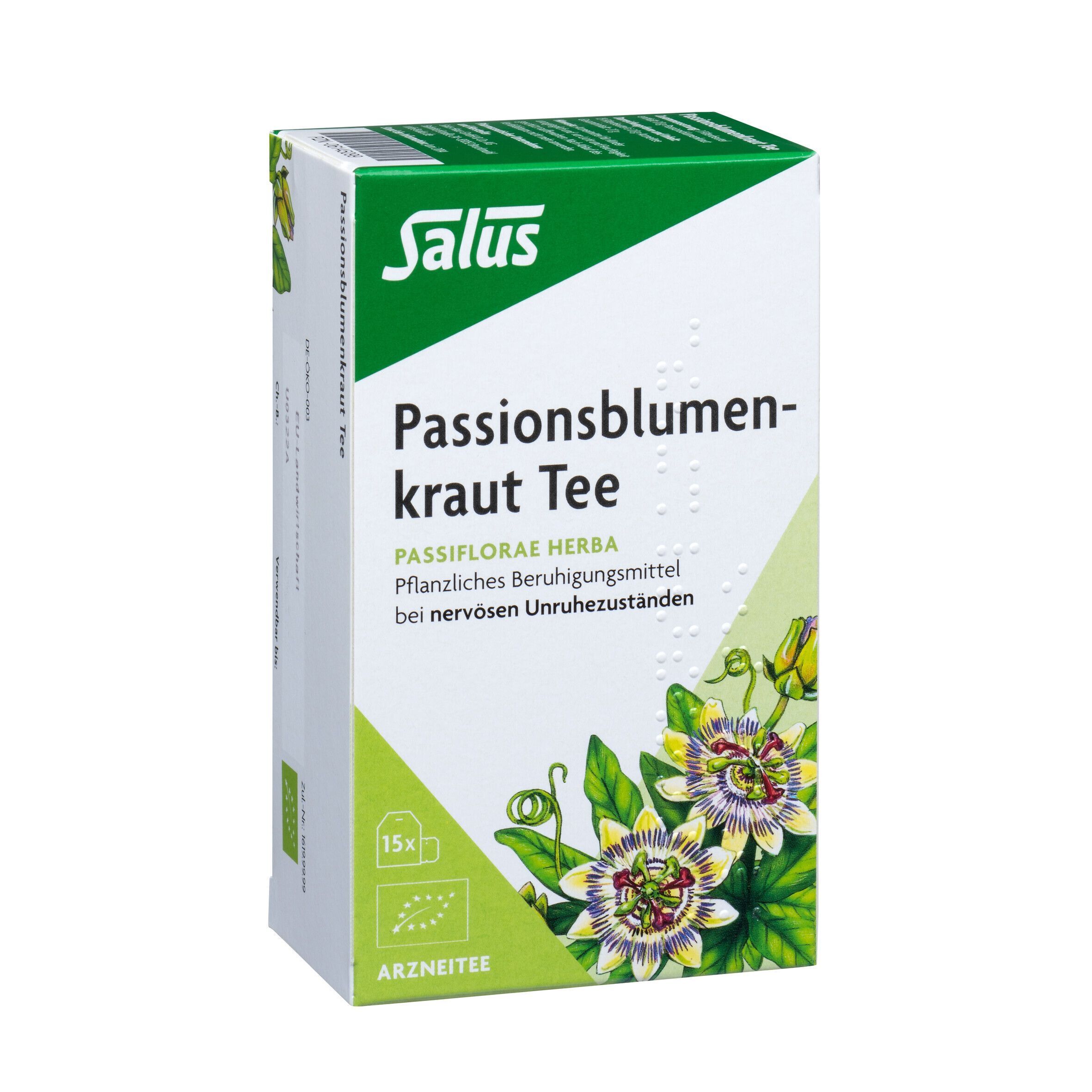 Packung Salus Passionsblumen-Kraut Tee. Mit Passionsblumen-Motiv, Bio-Siegel und Hinweis 'Arzneitee'.
