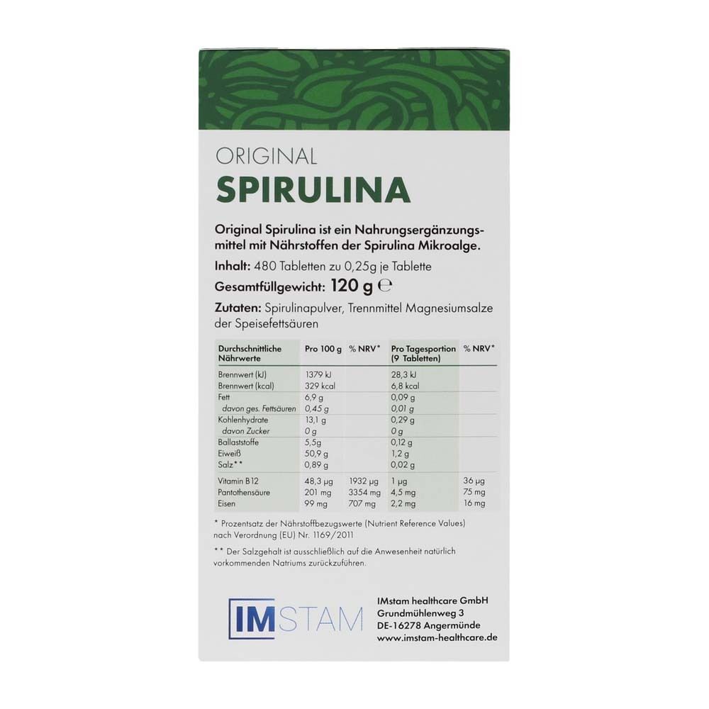 Rückseite einer Verpackung mit Nährwertangaben und Text. "ORIGINAL SPIRULINA" oben.