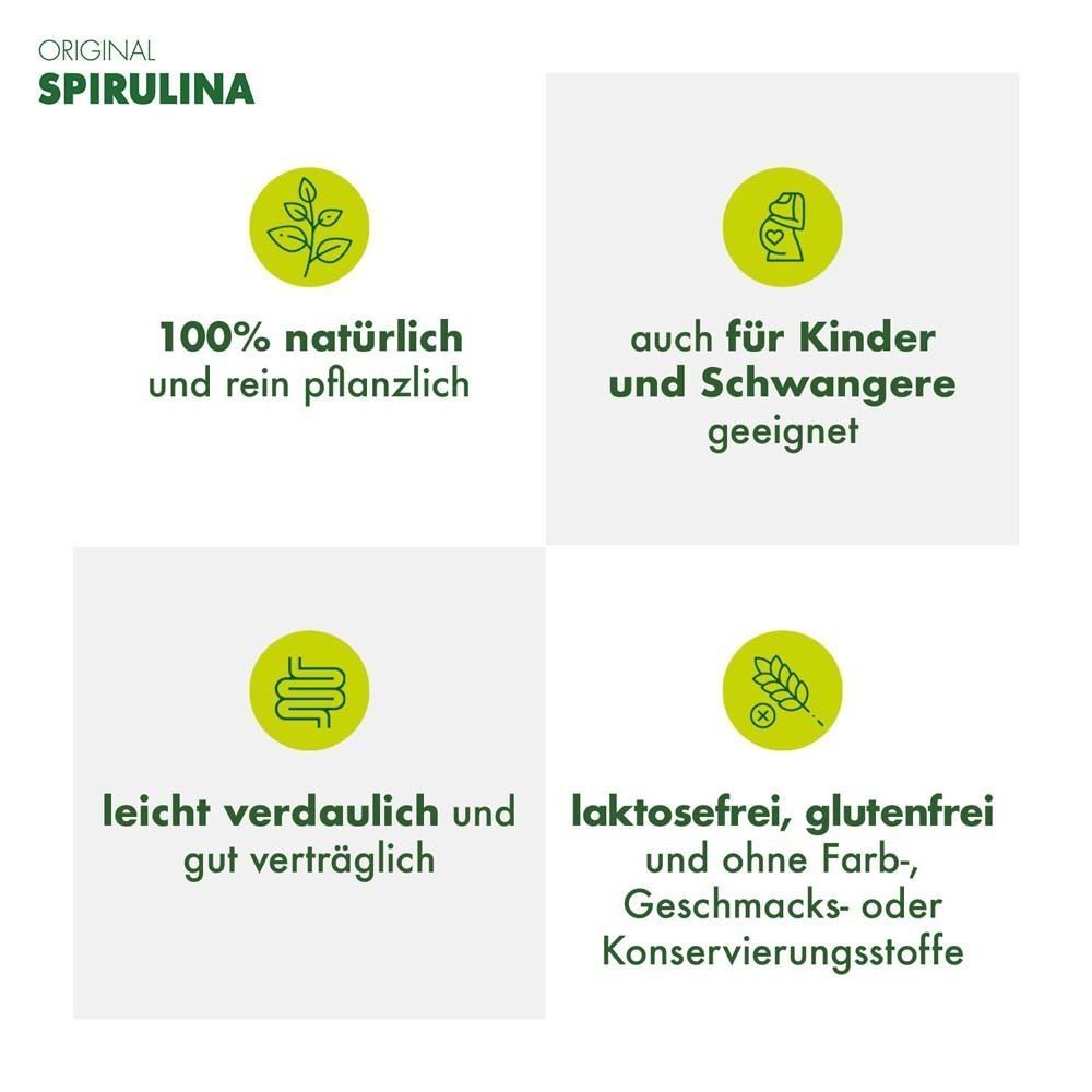 Vier Quadrate mit Text. "100% natürlich", "auch für Kinder", "leicht verdaulich", "laktosefrei".