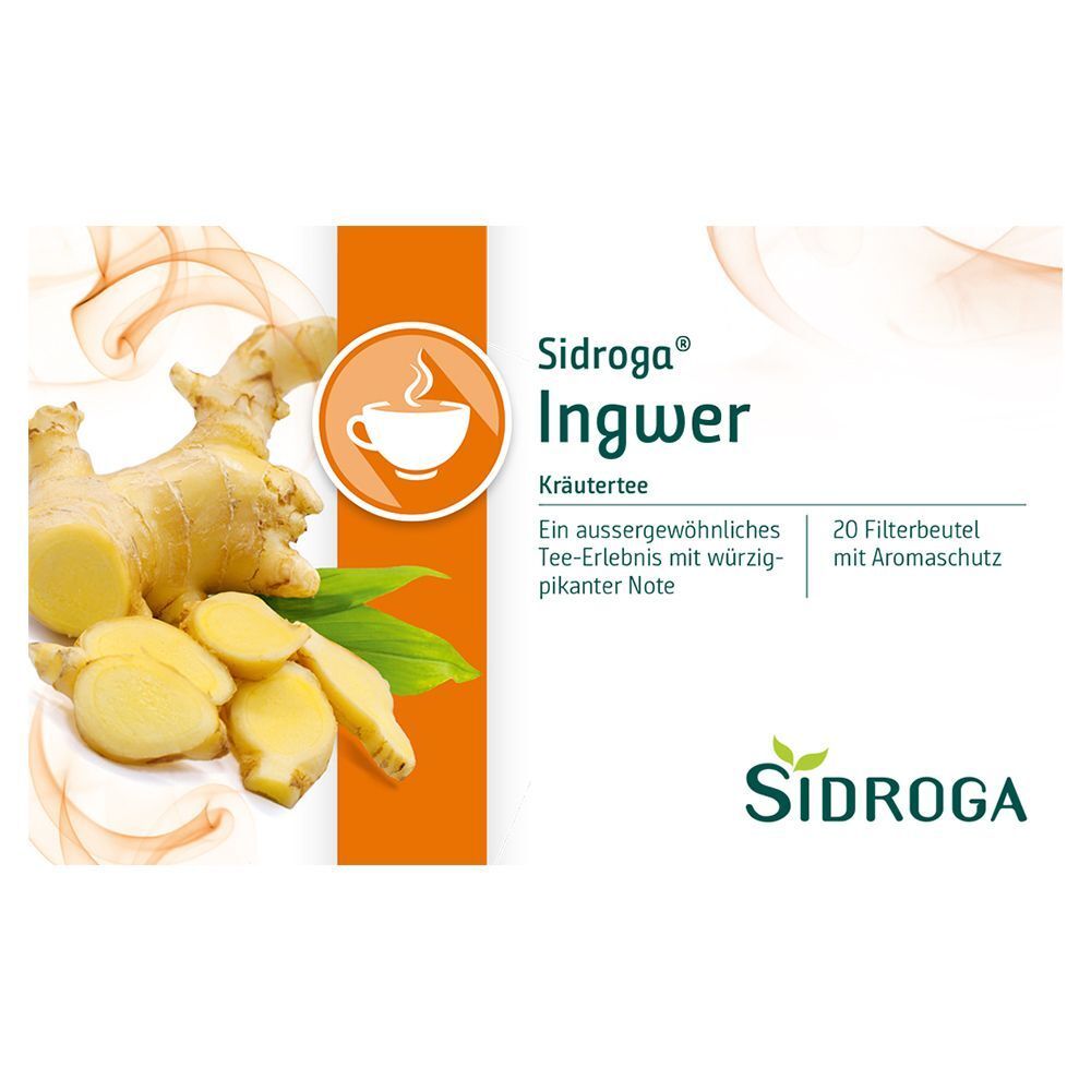Packung SIDROGA Ingwer Tee. Aufdruck: Ingwer-Abbildung, 20 Filterbeutel, Kräutertee, Aromaschutz. Marke SIDROGA.