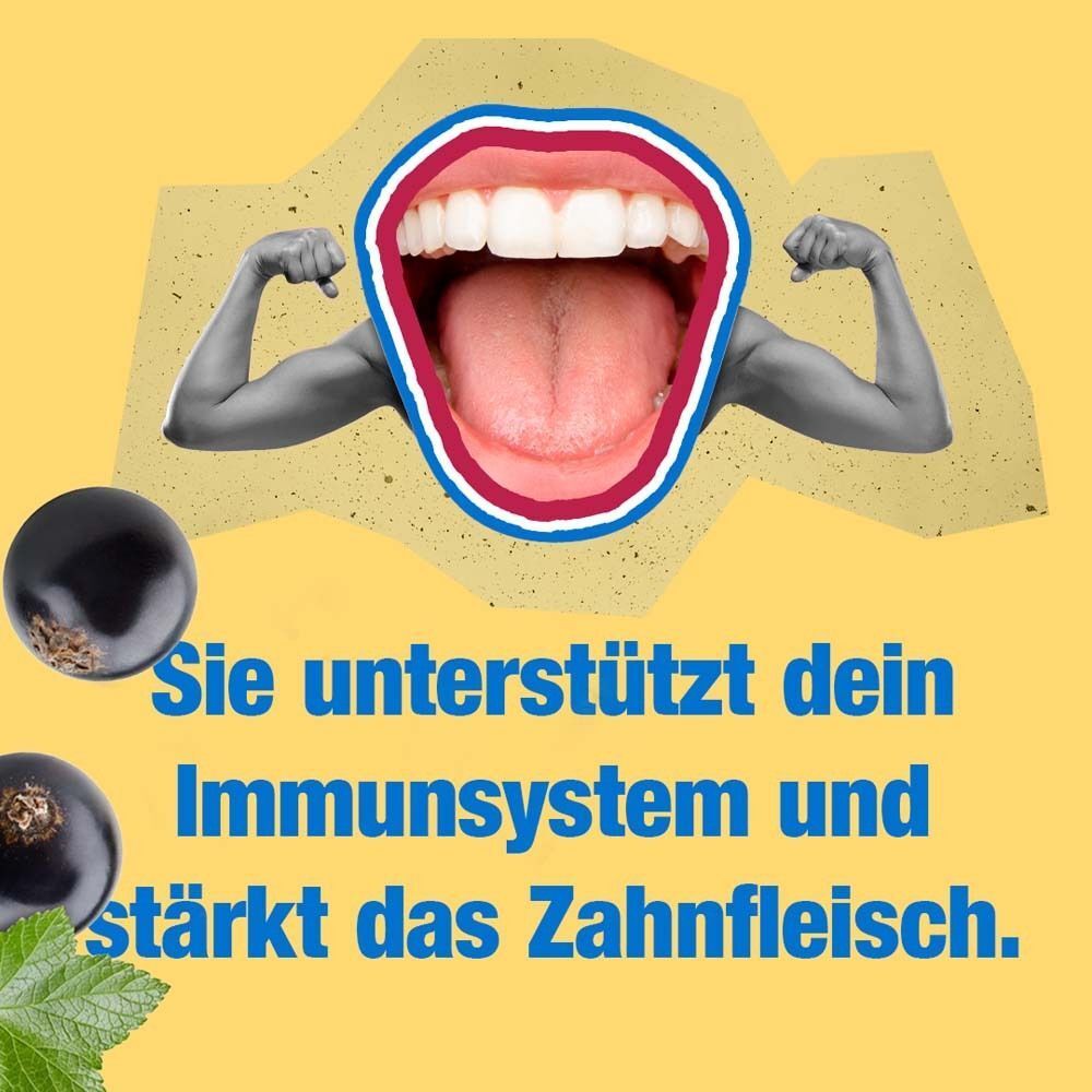 Collage mit Mund und Armen, die Muskeln zeigen. Text: Sie unterstützt dein Immunsystem und stärkt das Zahnfleisch. Schwarze Johannisbeeren.