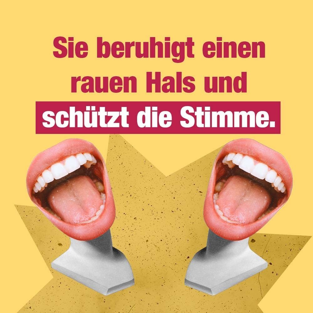 Collage mit zwei Mündern. Text: Sie beruhigt einen rauen Hals und schützt die Stimme.