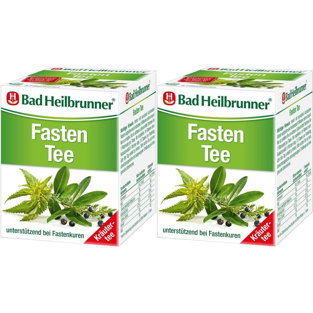 Zwei Kartons mit „Fasten Tee“ von Bad Heilbrunner. Grün-weiße Verpackung mit Kräuterabbildung. Text: „unterstützend bei Fastenkuren“.