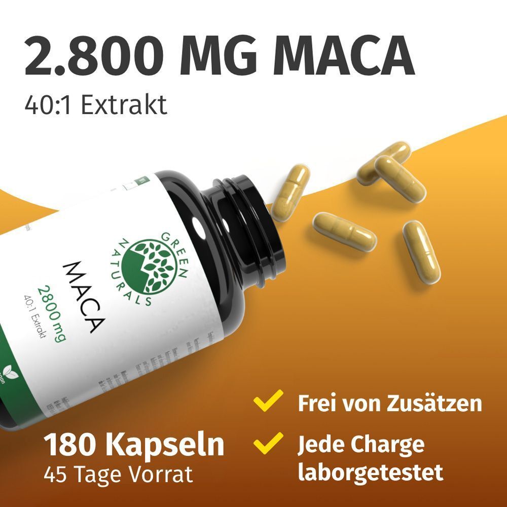 Eine Flasche Maca-Kapseln. Schwarzer Deckel, grünes Etikett. Kapseln liegen daneben. Text: 2.800 MG MACA, 180 Kapseln.