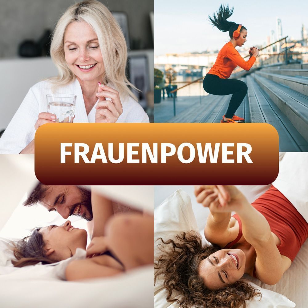Collage mit vier Bildern. Frauen in verschiedenen Situationen: trinken, trainieren, im Bett, lächeln. Text: FRAUENPOWER.