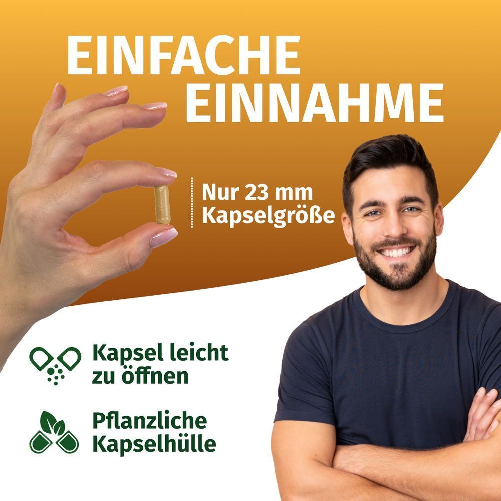 Mann hält eine Kapsel. Text: EINFACHE EINNAHME. Kapsel leicht zu öffnen. Pflanzliche Kapselhülle. Text: Nur 23 mm Kapselgröße.