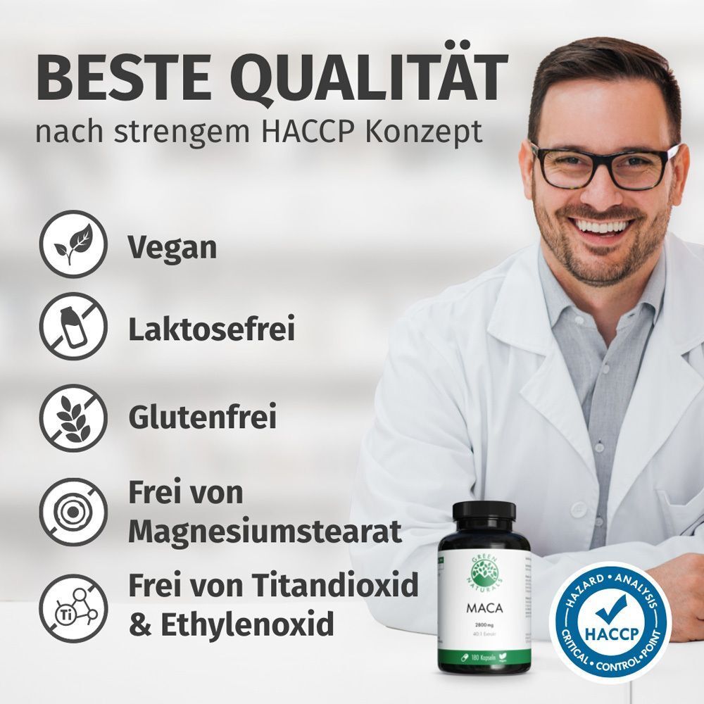Mann mit Brille und Arztkittel. Flasche Maca-Kapseln. Text: BESTE QUALITÄT. Vegan, laktosefrei, glutenfrei. HACCP-Zertifizierung.