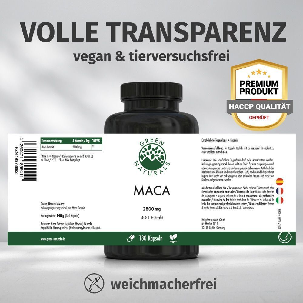 Flasche Maca-Kapseln. Schwarzer Deckel, grünes Etikett. Text: VOLLE TRANSPARENZ. Premium Produkt. HACCP Qualität. 180 Kapseln.