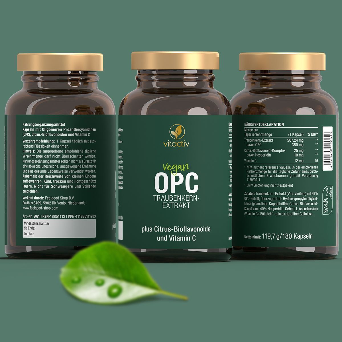 Drei Flaschen "vitactiv OPC" mit Etiketten. Auf dem Etikett: "OPC TRAUBENKERNEXTRAKT" und Inhaltsangaben.
