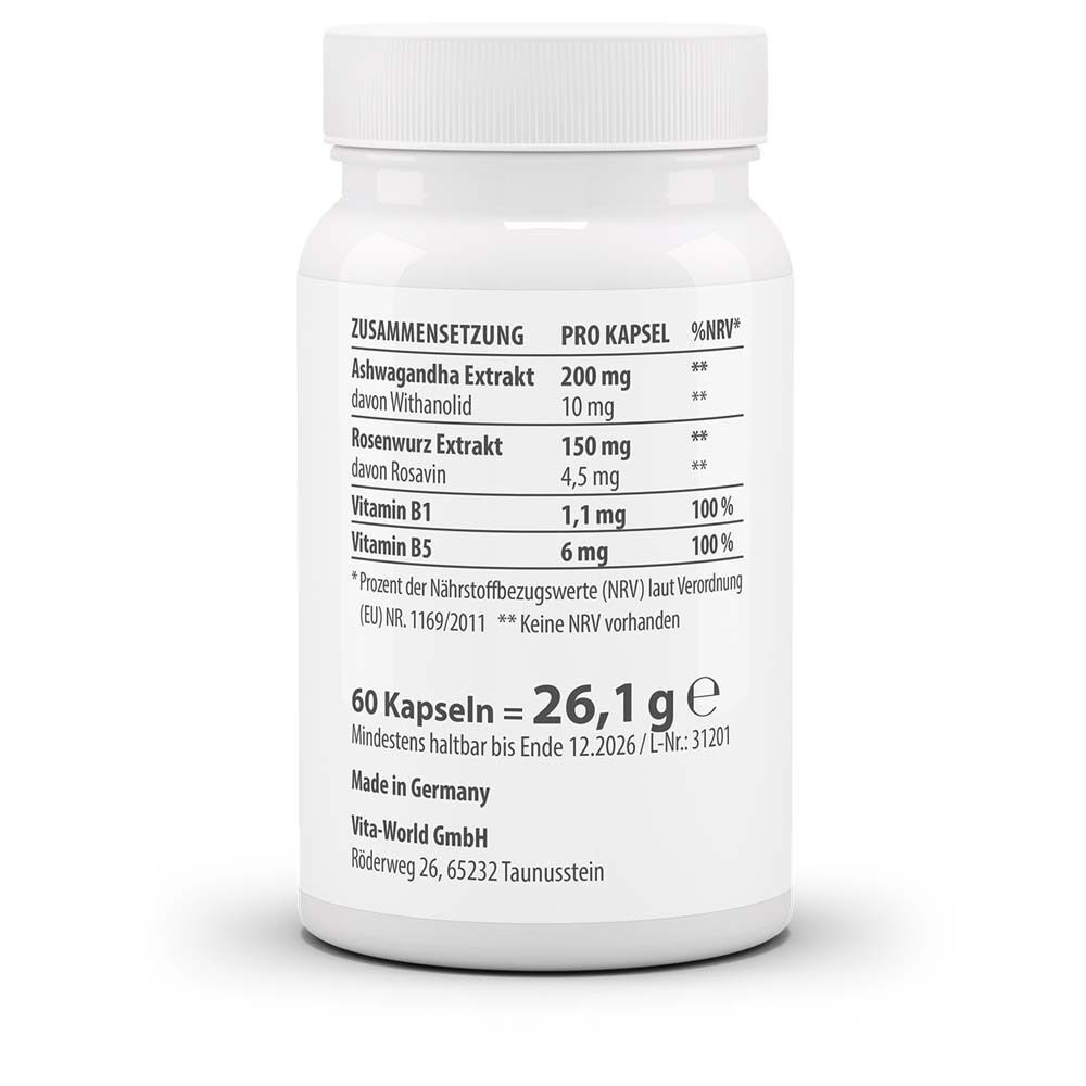 Weiße Pillendose, Rückseite. Aufschrift: Zusammensetzung, Ashwagandha Extrakt, Rosenwurz Extrakt, Vitamin B1, Vitamin B5, 60 Kapseln.