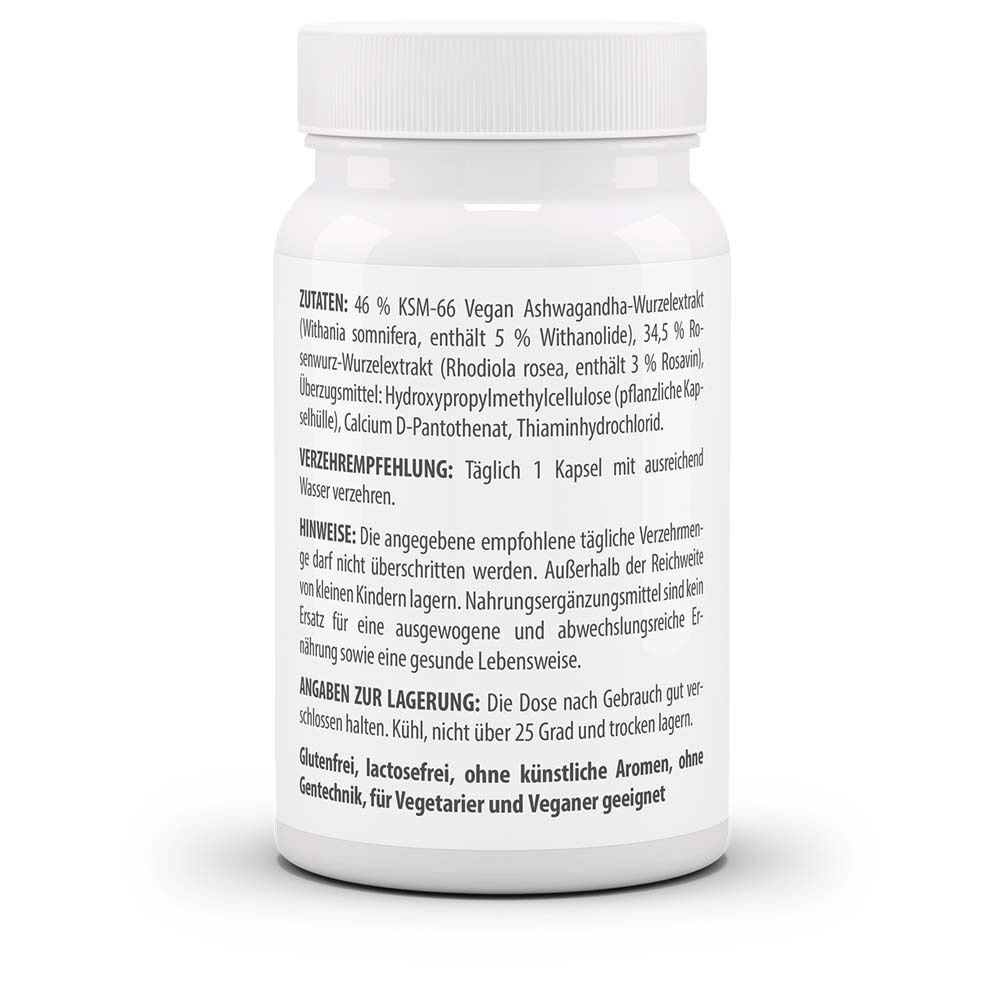 Weiße Pillendose, Rückseite. Aufschrift: Zutaten, Verzehrempfehlung, Hinweise, Angaben zur Lagerung. Glutenfrei, lactosefrei, ohne künstliche Aromen.
