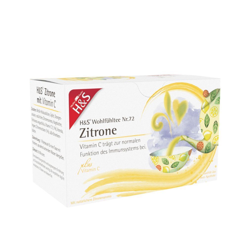 H&S Zitrone mit Vitamin C Filterbeutel Packung. Weißer Karton mit gelben und roten Akzenten. Text: H&S, Zitrone, Vitamin C.