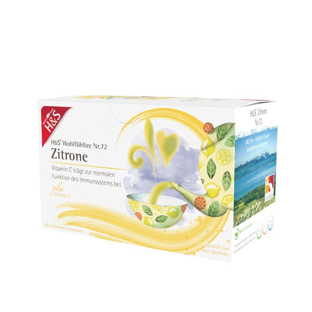 H&S Zitrone mit Vitamin C Filterbeutel Packung. Weißer Karton mit gelben und roten Akzenten. Text: H&S, Zitrone, Vitamin C.