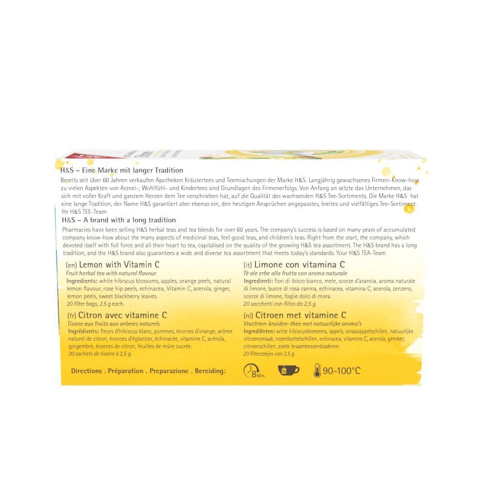 Rückseite der H&S Zitrone mit Vitamin C Filterbeutel Packung. Text in Deutsch, Englisch, Französisch, Italienisch und Niederländisch.