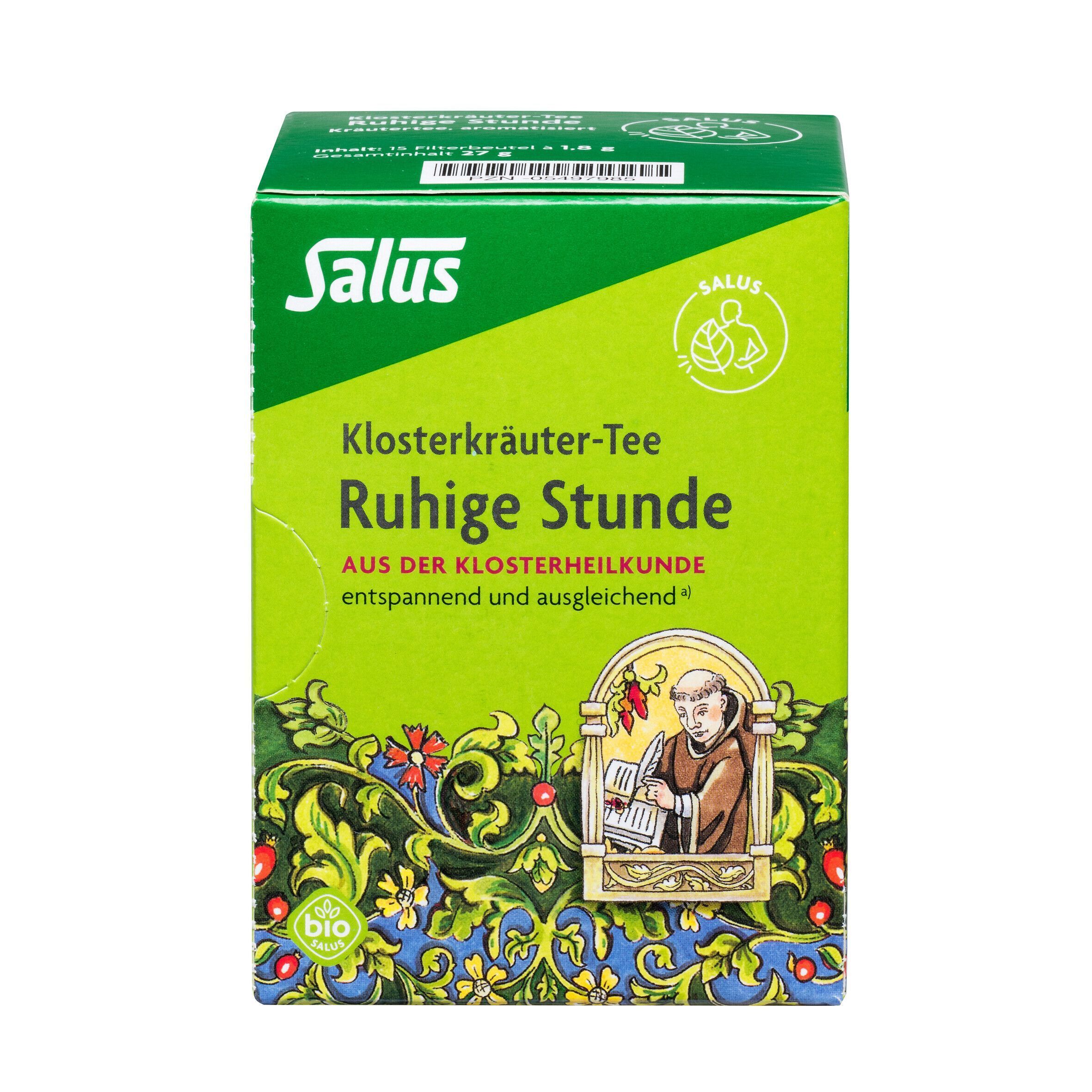 Grüner Karton mit Salus-Logo und Aufschrift "Ruhige Stunde". Bio-Siegel und Abbildung eines Mönchs.