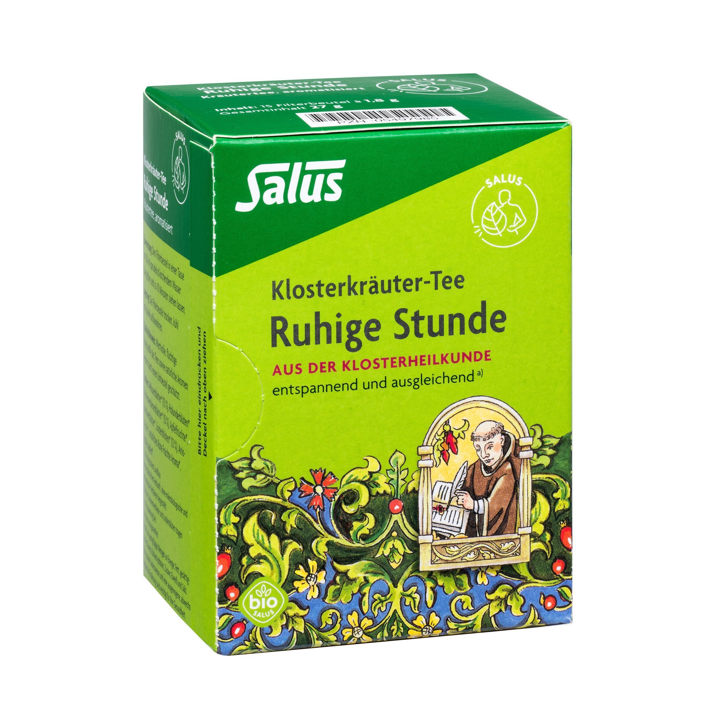 Grüner Karton mit Salus-Logo und Aufschrift "Ruhige Stunde". Bio-Siegel und Abbildung eines Mönchs.