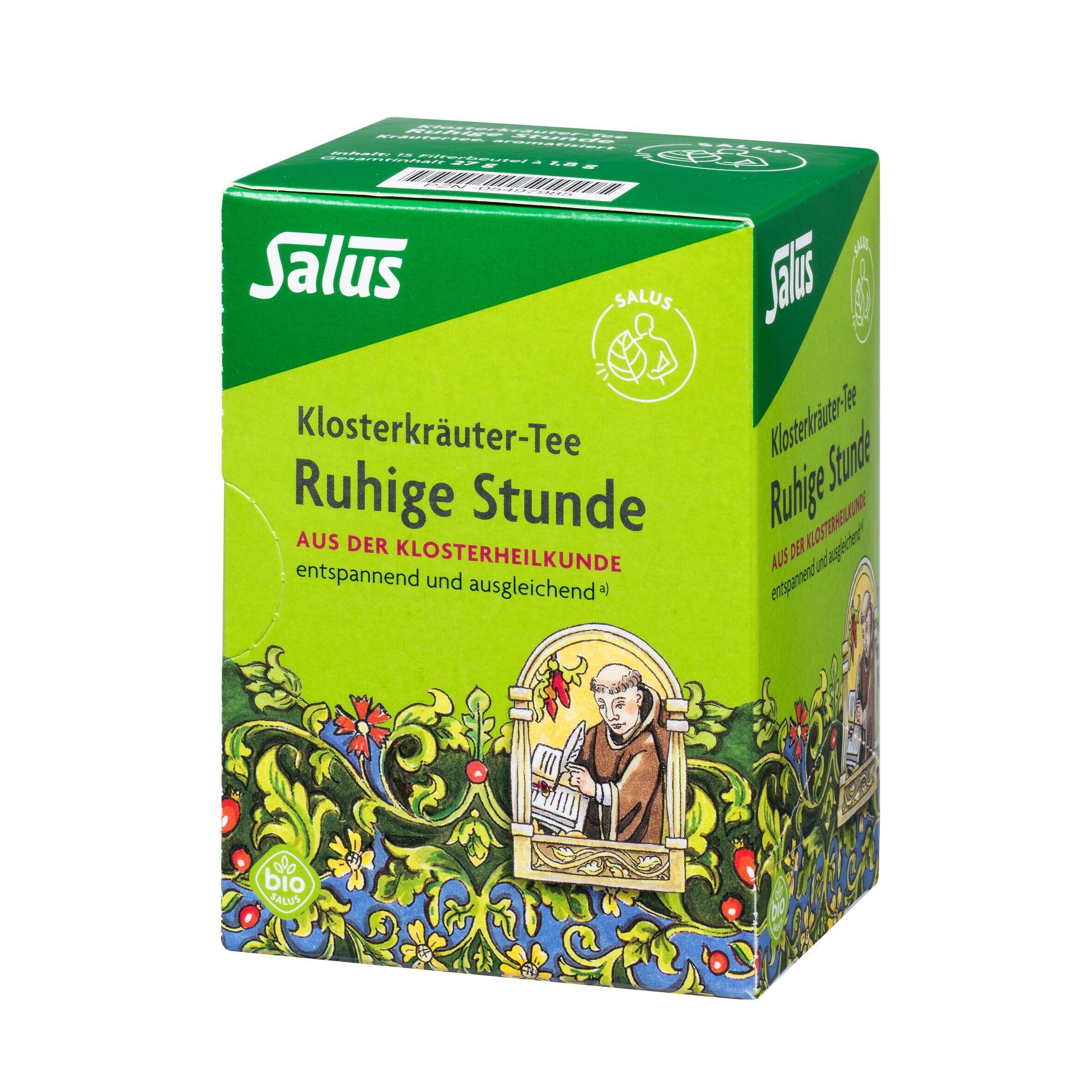 Grüner Karton mit Salus-Logo und Aufschrift "Ruhige Stunde". Bio-Siegel und Abbildung eines Mönchs.