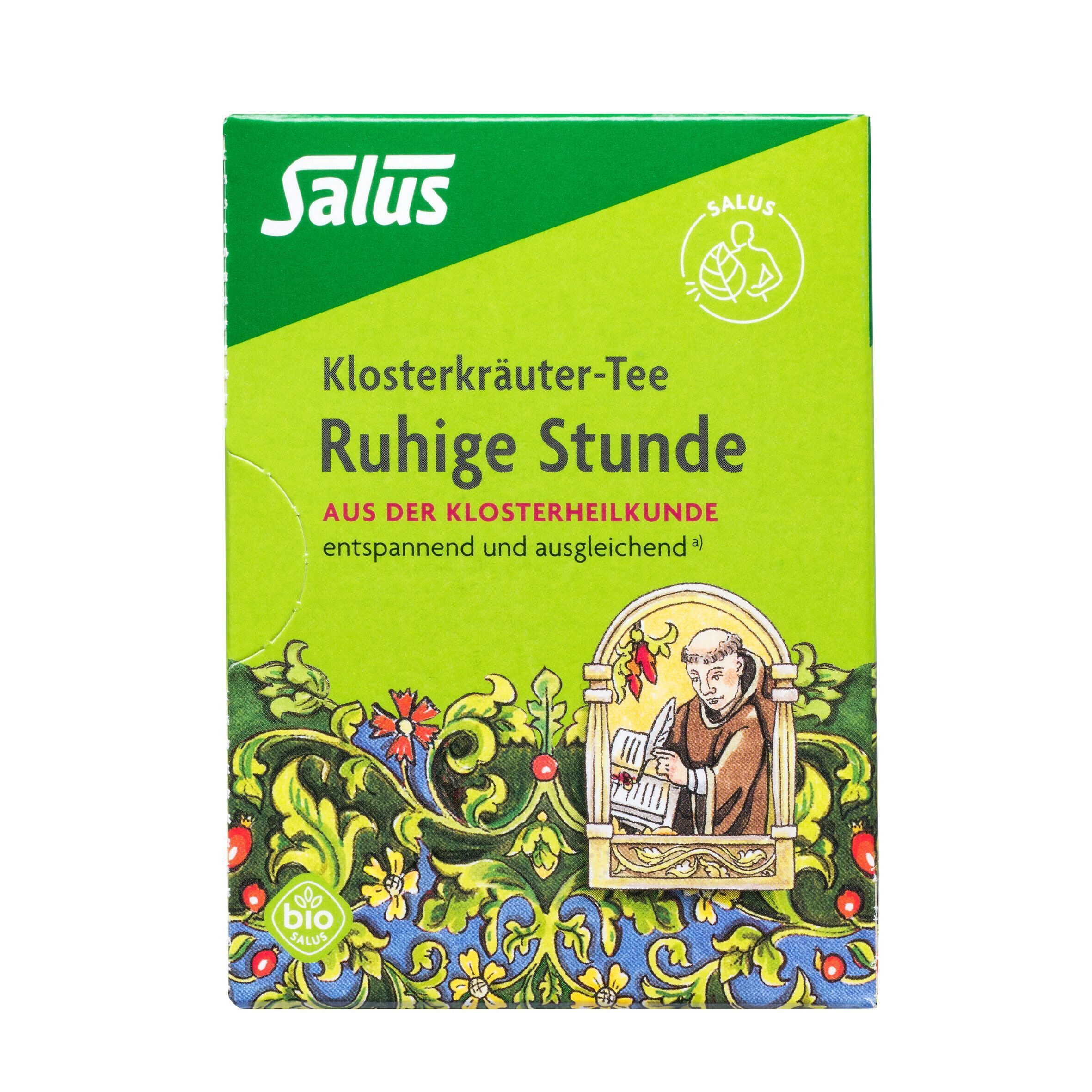 Grüner Karton mit Salus-Logo und Aufschrift "Ruhige Stunde". Bio-Siegel und Abbildung eines Mönchs.
