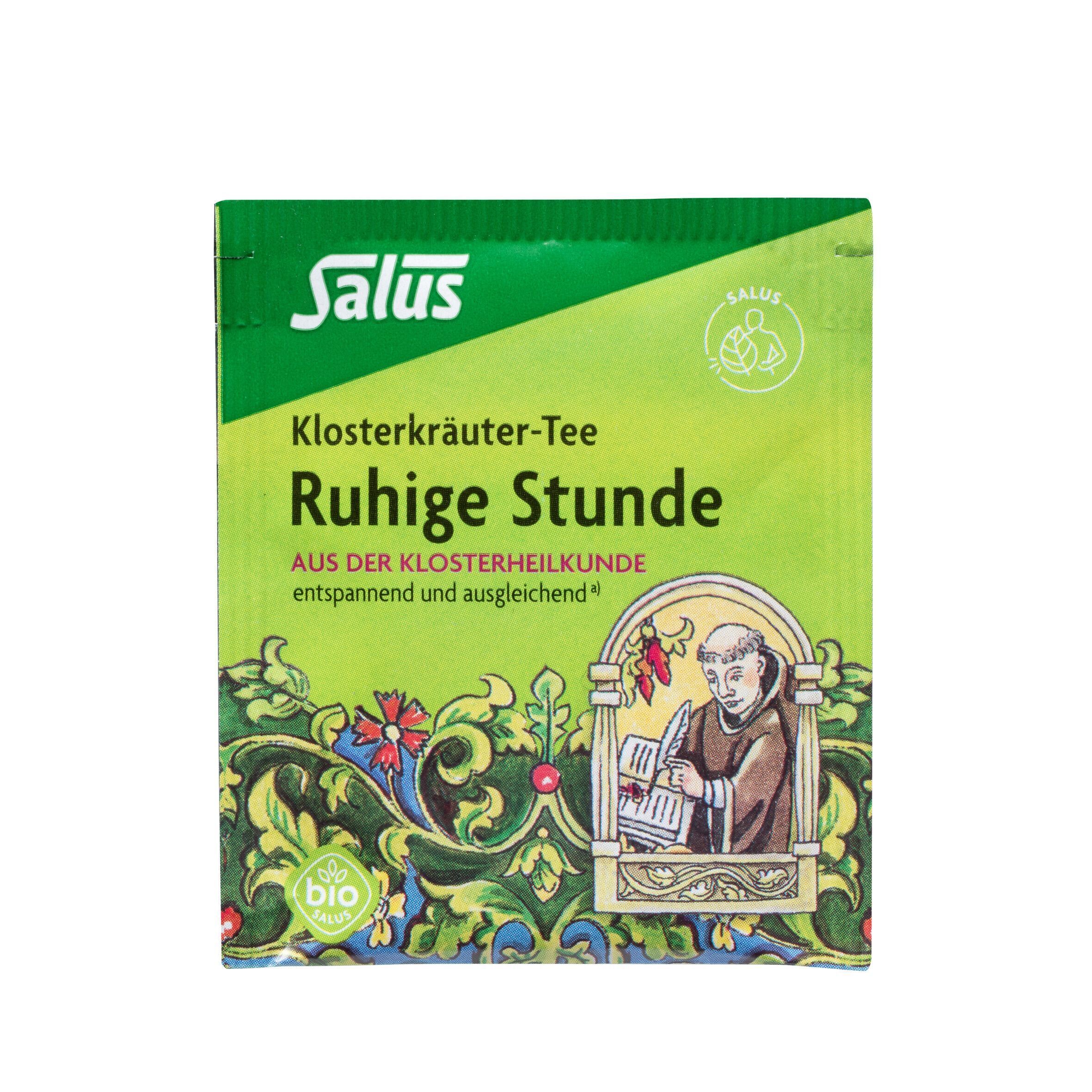Grüner Karton mit Salus-Logo und Aufschrift "Ruhige Stunde". Bio-Siegel und Abbildung eines Mönchs.