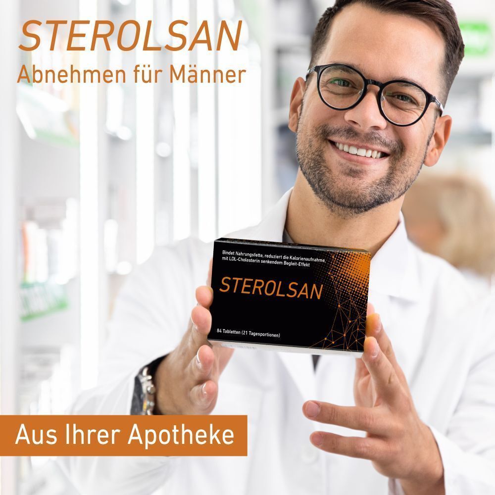 Ein Mann in weißem Kittel hält eine Packung STEROLSAN. Aufschrift: Abnehmen für Männer. Aus Ihrer Apotheke.