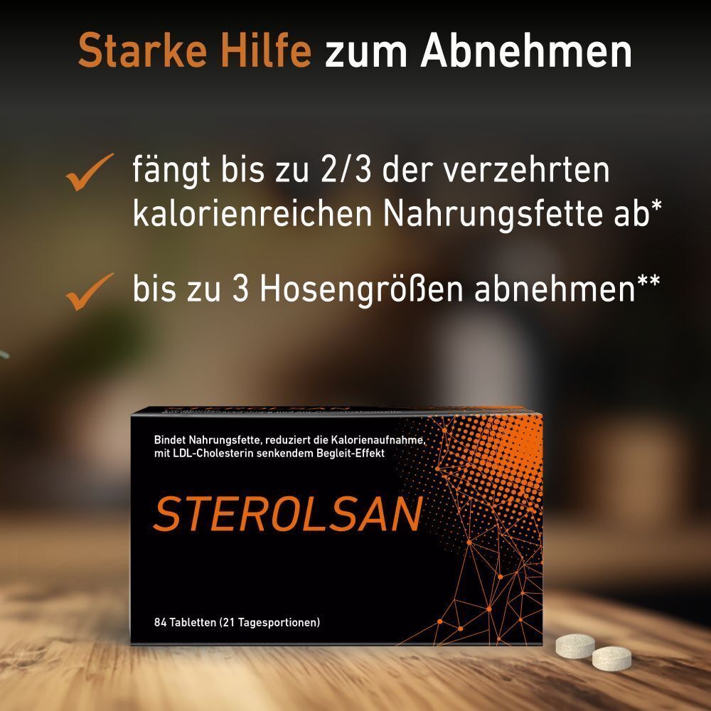Packung STEROLSAN Tabletten mit Text. 84 Tabletten. Zwei Tabletten liegen daneben. Text: Starke Hilfe zum Abnehmen.