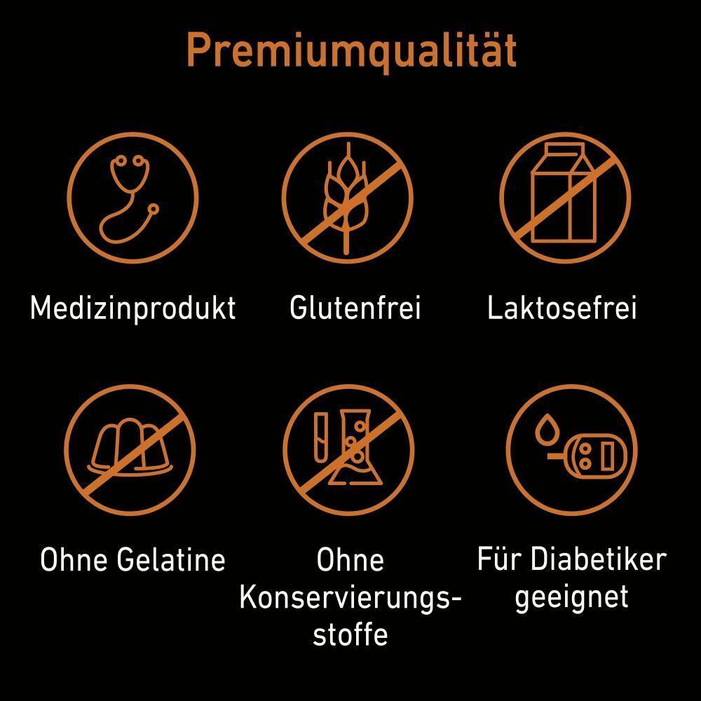 Grafik mit Symbolen. Medizinprodukt, glutenfrei, laktosefrei, ohne Gelatine, ohne Konservierungsstoffe, für Diabetiker geeignet.