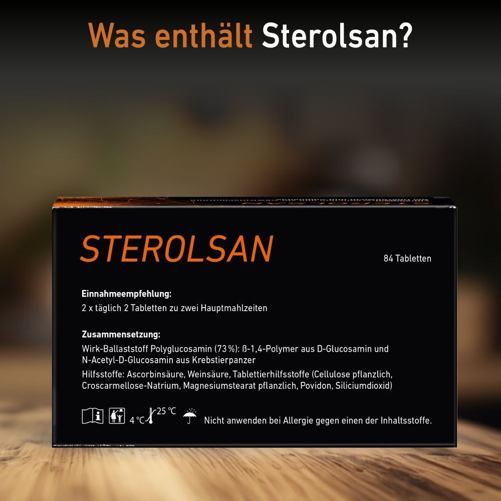 Packung STEROLSAN Tabletten. Text: Was enthält STEROLSAN? Einnahmeempfehlung, Zusammensetzung, Lagerungshinweise.