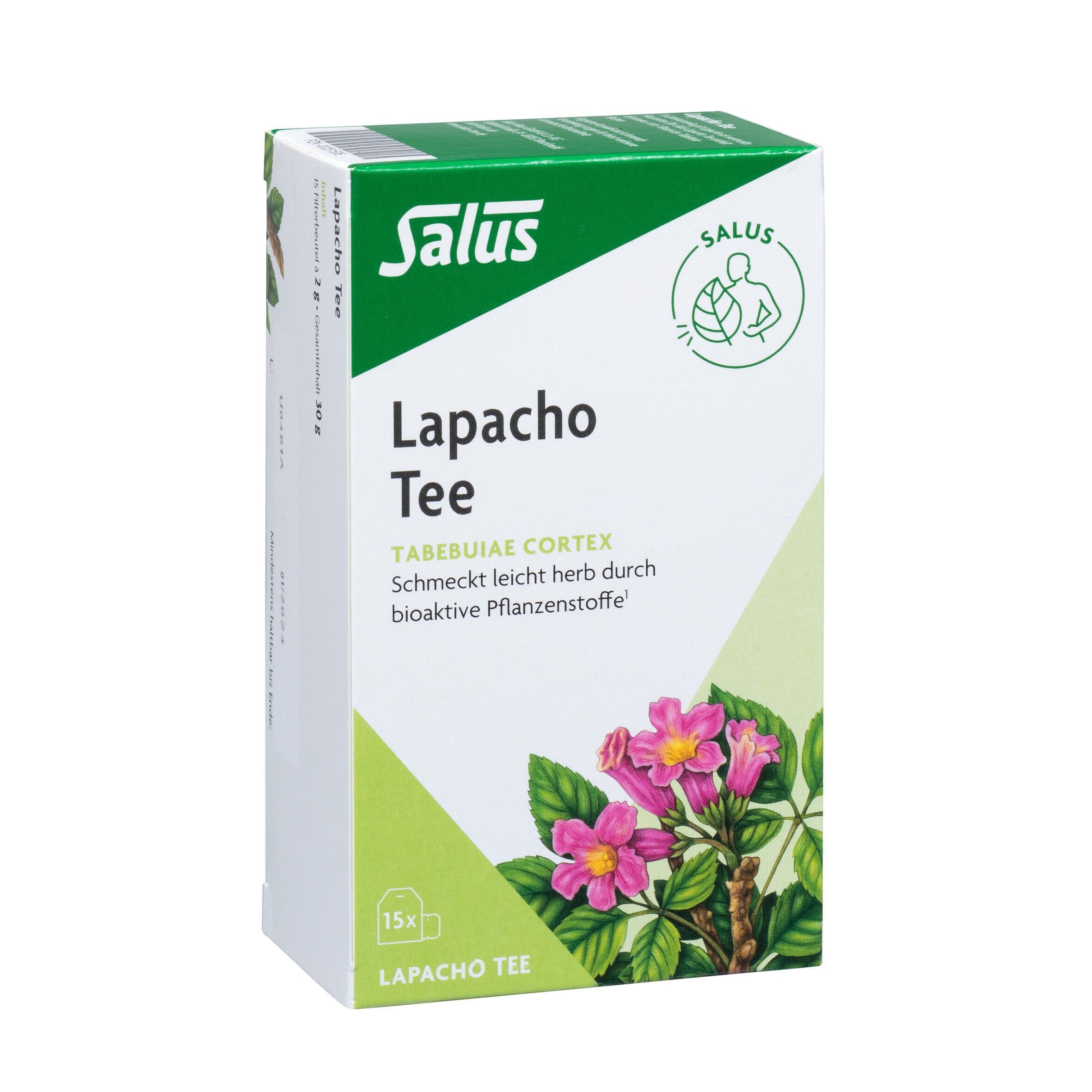 Eine Packung Salus Lapacho Tee mit 15 Teebeuteln, die eine Blüte und Blätter zeigt.